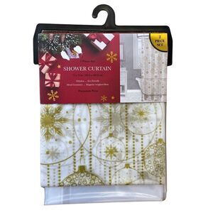 Shower Curtain 2 Piece Set Gold Metallic Holiday Ornaments Vinyl 72x72” NWT